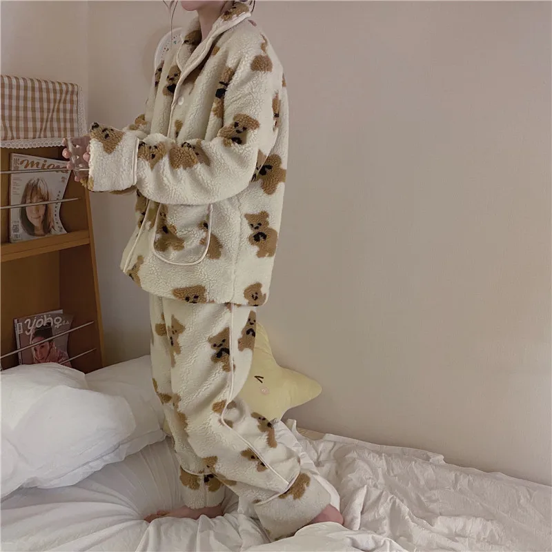 Cartoon Bear Winter Pajamas Set Women Coral Fleece Cardigans + Long Pants Set Two Piece Home Suit Kawaii Sleepwear Homewear