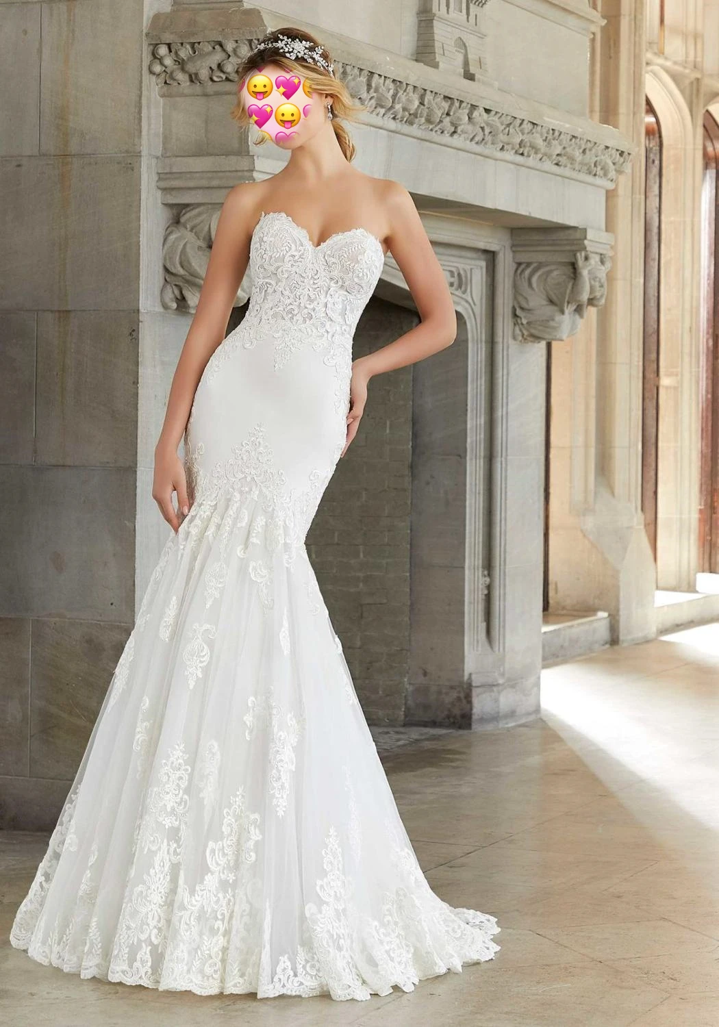 Vestido de novia de dos capas con apliques de organza, vestido de novia de sirena con escote Corazón, Blanco, en Stock