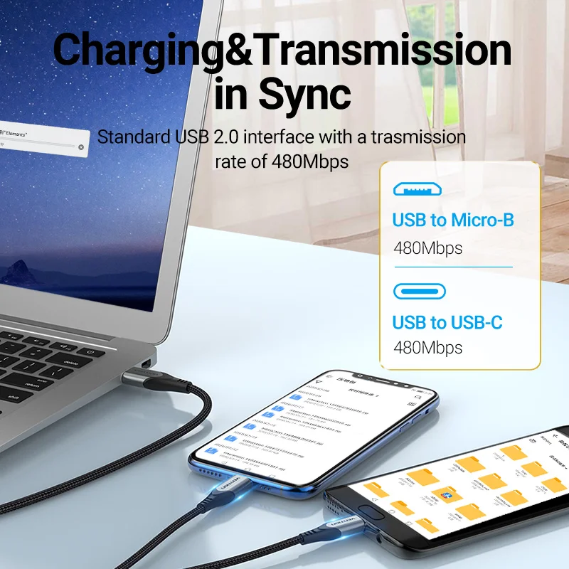 Vention 2 في 1 USB نوع C كابل ل شاومي Redmi نوت 10 سامسونج S20 USB شاحن الحبل لهواوي P40 برو ماتي 30 مايكرو USB كابل