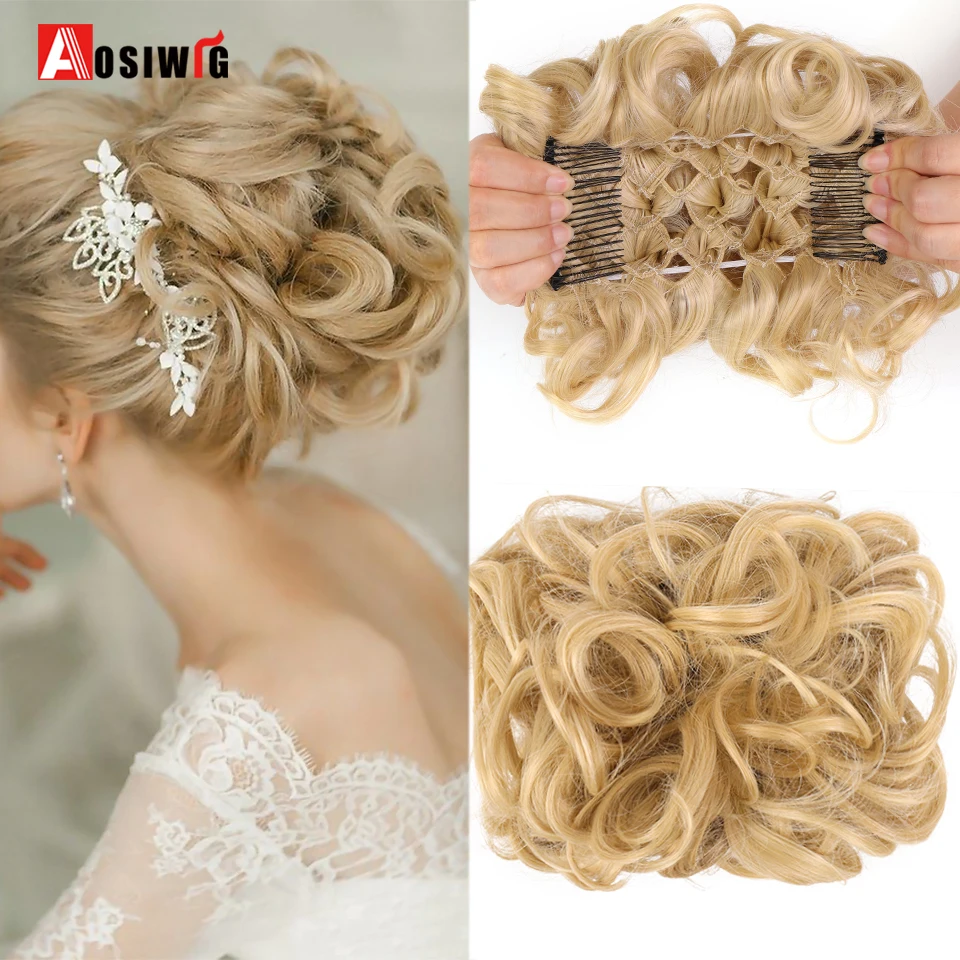 AOSIWIG Long Curly Chignons Hair Tails Synthetic Messy Bride Hair Bun Clip on Ponyail Extensions Fake Hair Pieces for Women