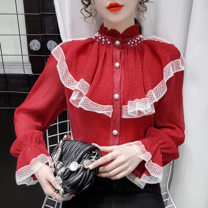 French Vintage Court Palace Style Blouse Long Sleeve Shirt Chic Lace Ruffled Victorian Women Elegant Loose Pearl Beading Tops