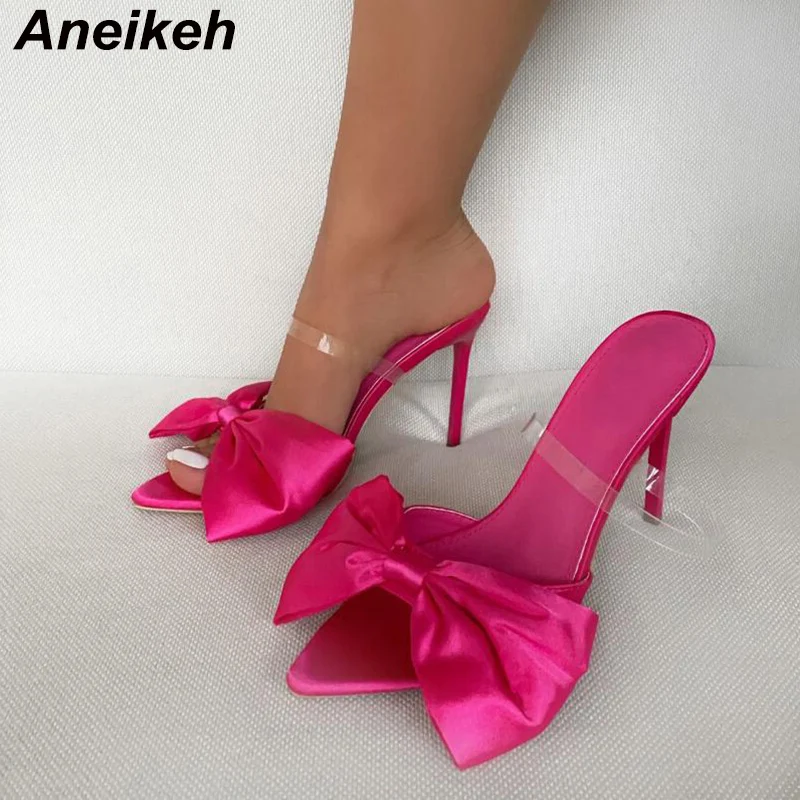 

Aneikeh Sexy Fashion Silk Butterfly-Knot Patchwork PVC Shallow NEW 2024 Summer Head Peep Toe Stiletto High Heels Sandalias Mujer