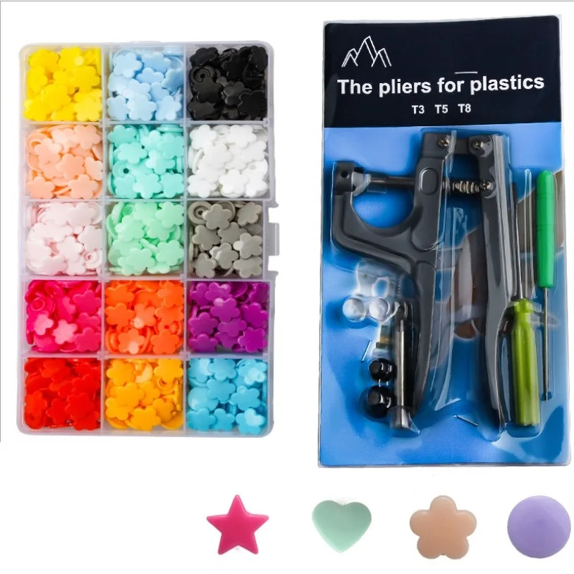 150set/box Flower Star Heart Shape T5 baby Resin snap buttons With plastic snaps Plier Press Stud Fasteners Poppers Tool Kit