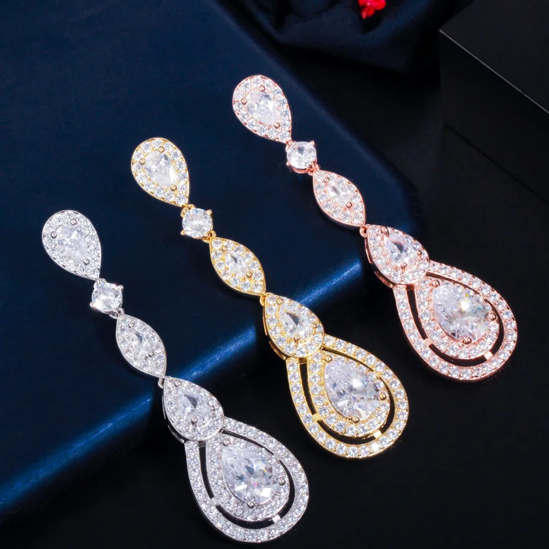 CWWZircons Rose Gold Color Luxury Long Dangle Round Water Drop Elegant CZ Earrings for Women Bridal Wedding Jewelry Dress CZ766