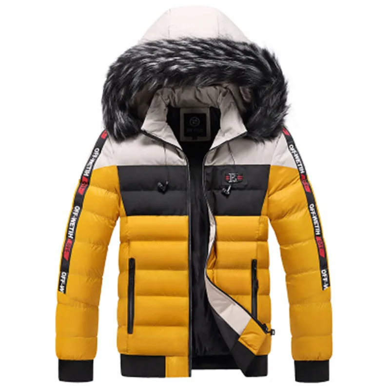 2020 Hooded Wadded Coat Fur Hood Warm Parka Thick clothes Men Jacket Outwear Slim men's Windproof color matching padded jacket