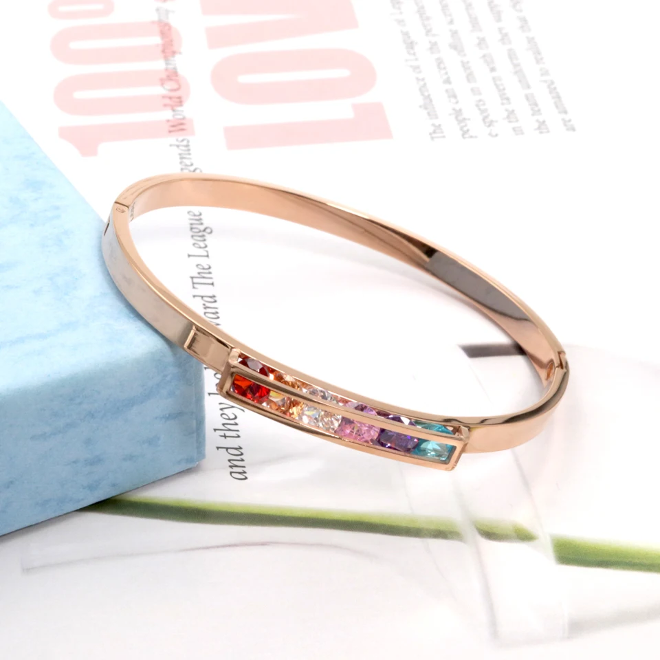 New Design Trendy Stainless Steel Colorful Zircon Crystals Bangles & Bracelets For Women 18 k Minimalist Luxury Brand Jewelry