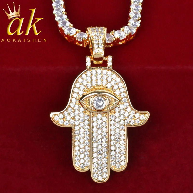 Fatima Hand Pendant Necklace Gold Color Cubic Zircon Men's Hip Hop Jewelry