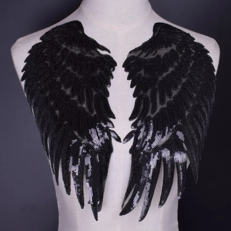 1 Pair Gold Silver Black Wings Sequins Patches For Clothing Iron-on Embroidered Patch Motif Applique DIY Accessories