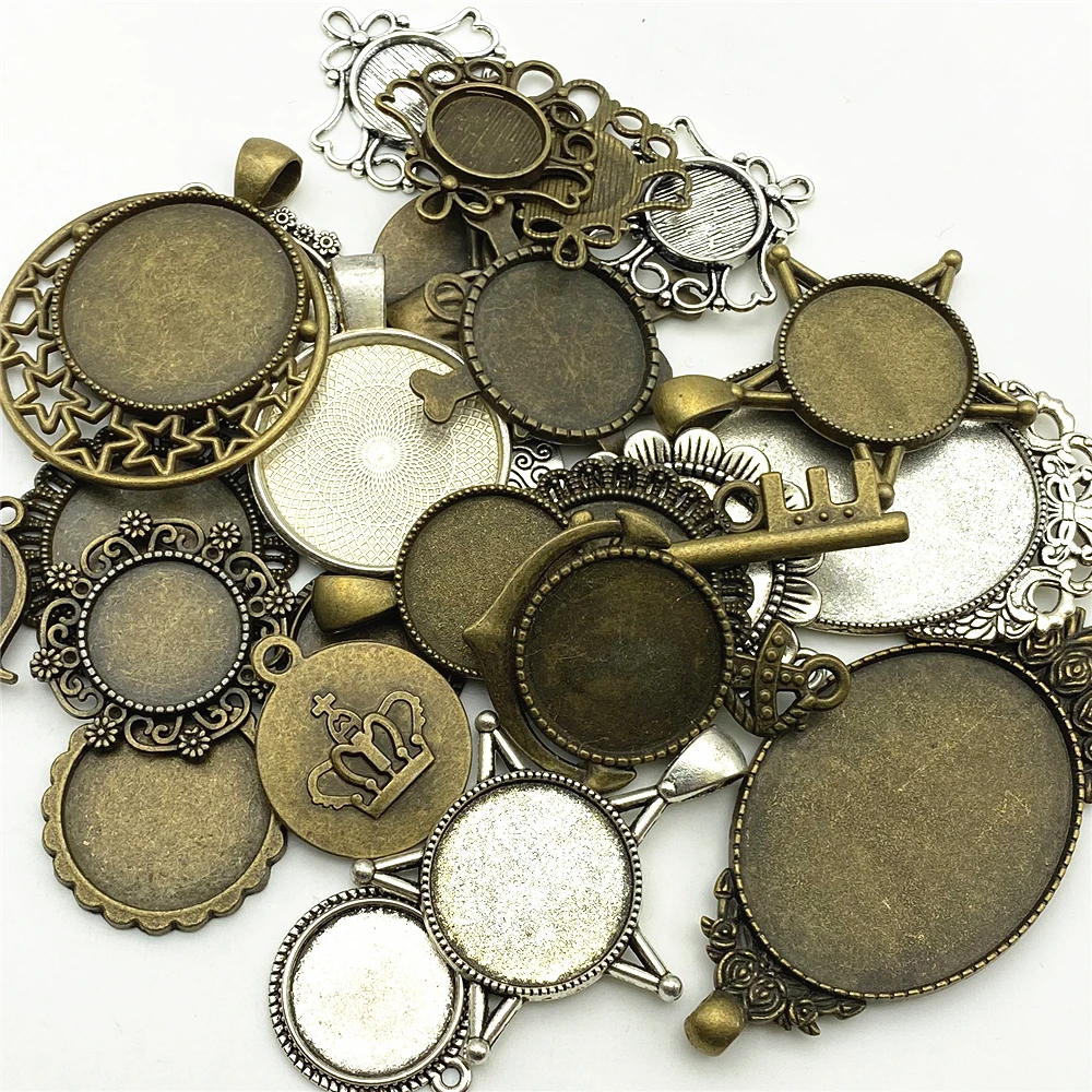 30Gram Blanco Instelling Base Tibetaans Zilver Brons Gemengde Ontwerpen Doorboord Cabochon Base Instellen Charms Hanger Sieraden Maken