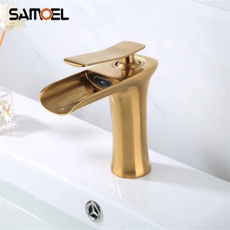 

Nordic Style Golden Brushed Waterfall Bathroom Sink Taps Deck Mounted Single Hole Brass Basin Faucet Mixer G1114