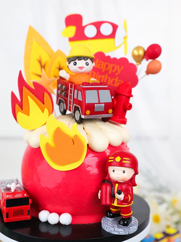 Cartoon Boy Fire truck Doll Ornaments Cake Topper Children's Birthday Party Extinguishing Hero Party Decoration Cakes Baking