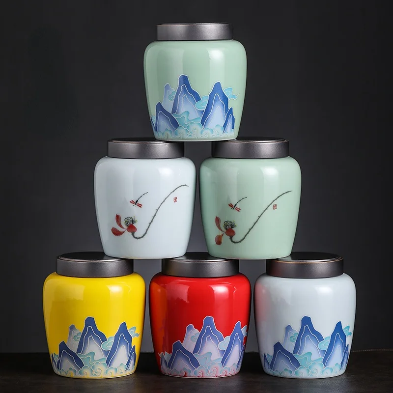 Mountain Flower Pattern Ceramic Storage Jar with Alloy Lid Sealed Portable Tea Tin Candies Nut Tin Gift Box Home Decoration New