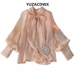 YUZACDWX High Quality 2024 Autumn Shirt Female Bow Tie Collar Retro Bubble Long-Sleeved Elegant Blouse Women