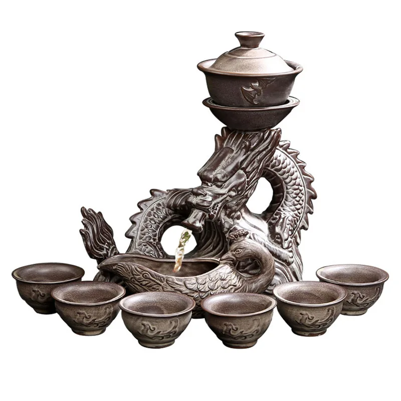 9 pcs / set Ceramics Lazy Man Tea Set Portable stone grinding semi-automatic porcelain Dragon teaware ceremony supplies