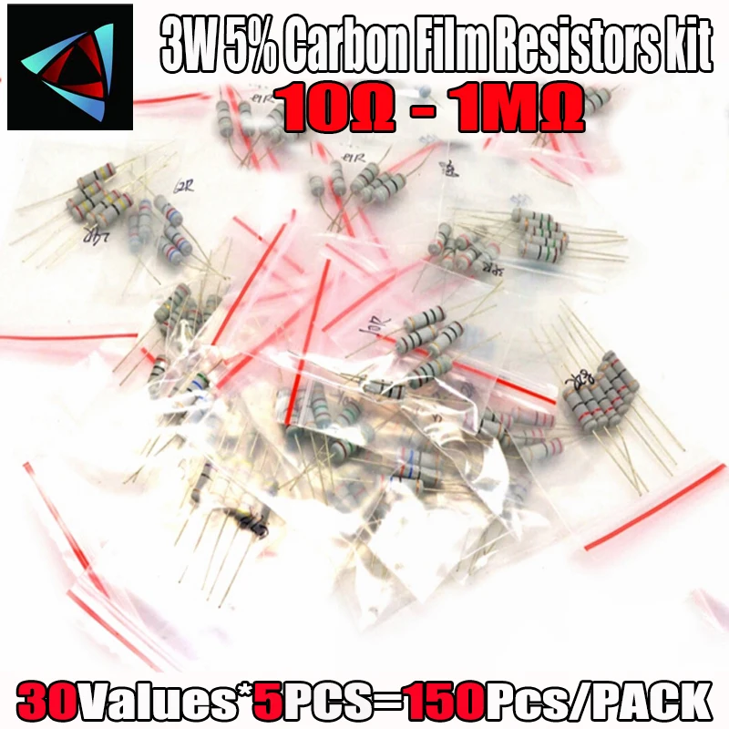 150Pcs 3W 5% 10 ~1M Ohm 30Values*5Pcs Carbon Film Resistors Metal Oxide Kit