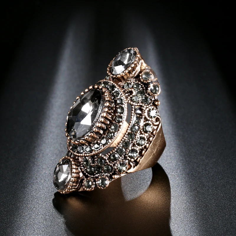 Kinel Unique Antique Gold Gray Crystal Big Ring For Women Vintage Jewelry Party Accessories Luxury Gifts 2020 New Drop Shipping