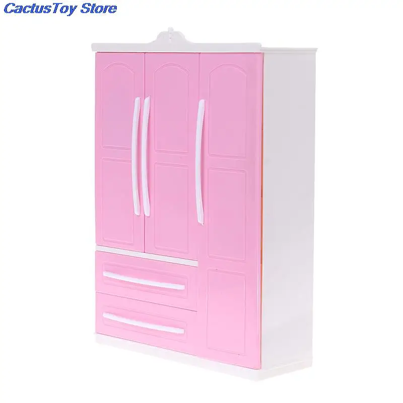 2020 New Three-door Pink Modern Wardrobe for Barbie Furniture Clothes Accessories with Dressing Mirror Girls Toy