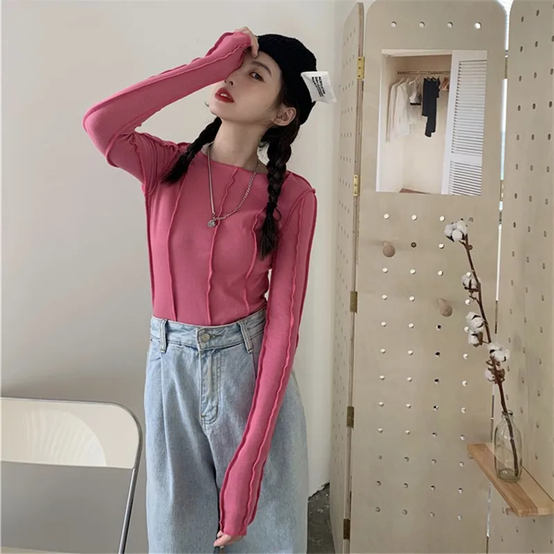 Karrcat Skintight Sexy Women Blouse Korea Shirt Bottoming Tops Soft Knitted Female Shirts Blue Rose Spring Blouses Blusa Chic