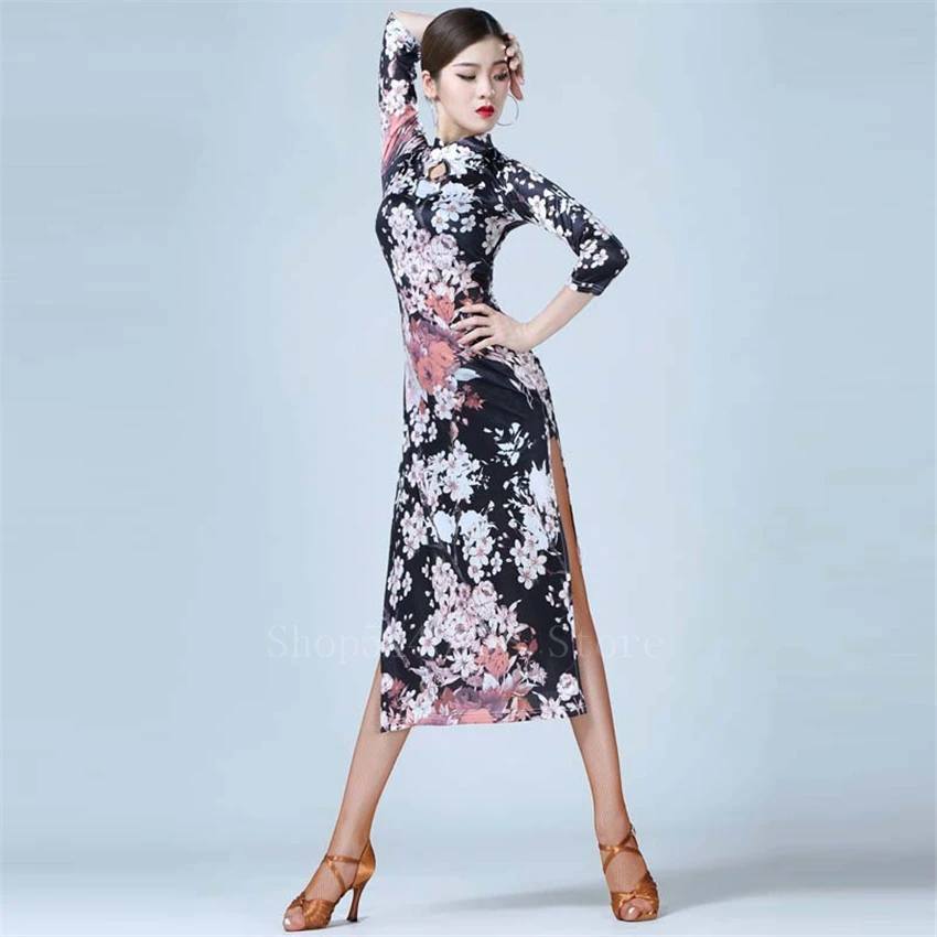 New Women Latin Dance Dress Long Sleeve Print Split Vintage Qipao Ballrom Practice Mordern Competition Stage Perfornmance Set