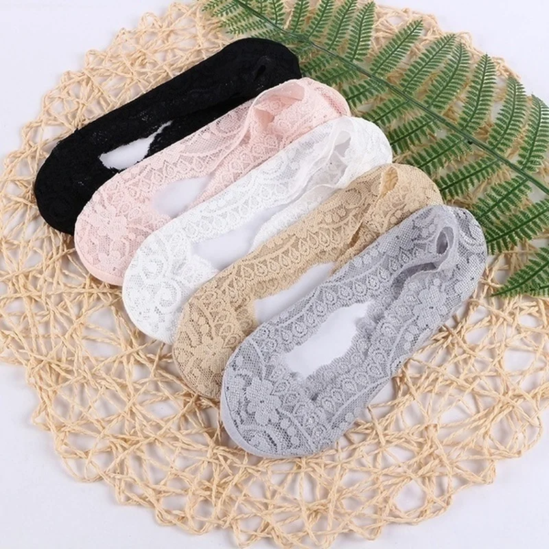 

5pair/pack Women Summer girl Silica Transparent Lace Boat Socks Girls Cotton Invisible Anti-slip Socks No Slip No Show Socks