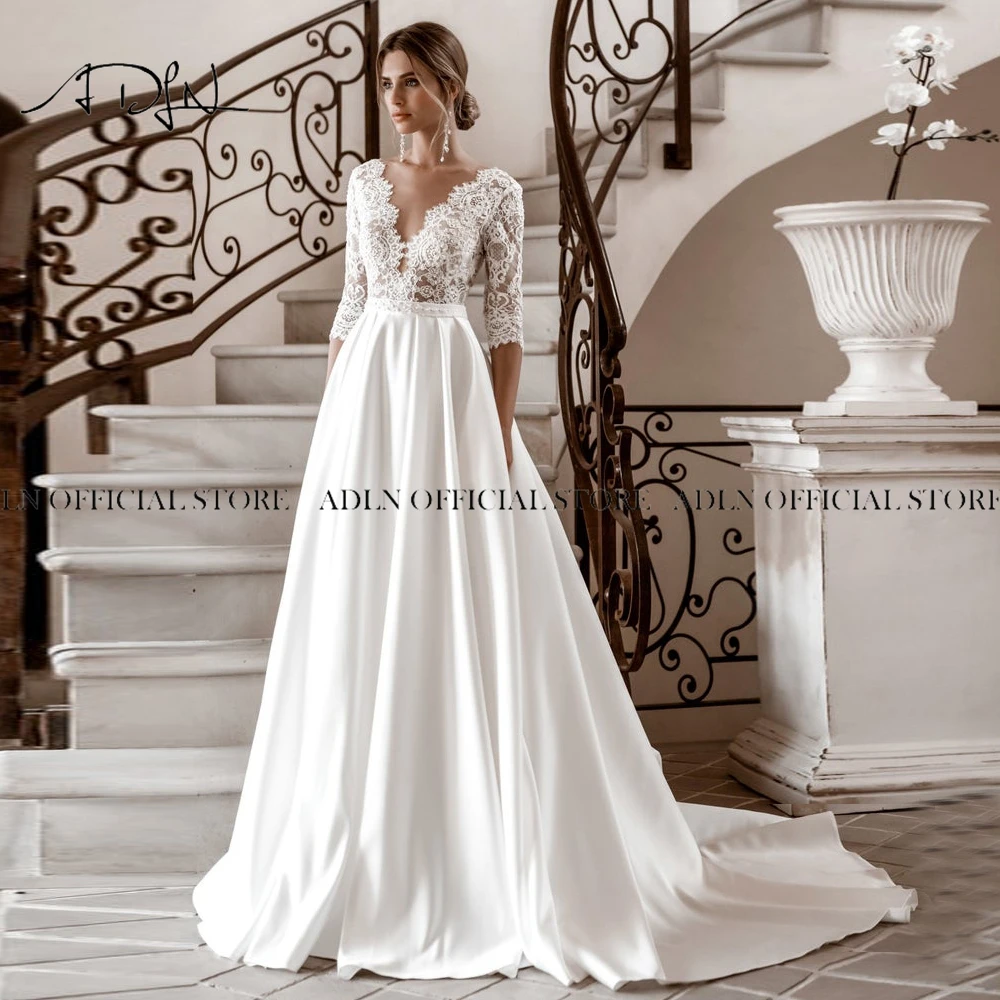 A-line Satin Wedding Dresses V-neck 3/4 Sleeve Lace Boho Bridal Gown Vintage Party Dress Sweep Train Plus Size Vestido de Novia