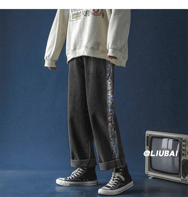 ICCLEK Autumn New Printed Jeans Men's Loose Straight-leg Pants Casual Trousers Ripped Jeans for Men  Jeans  Black Jeans Men