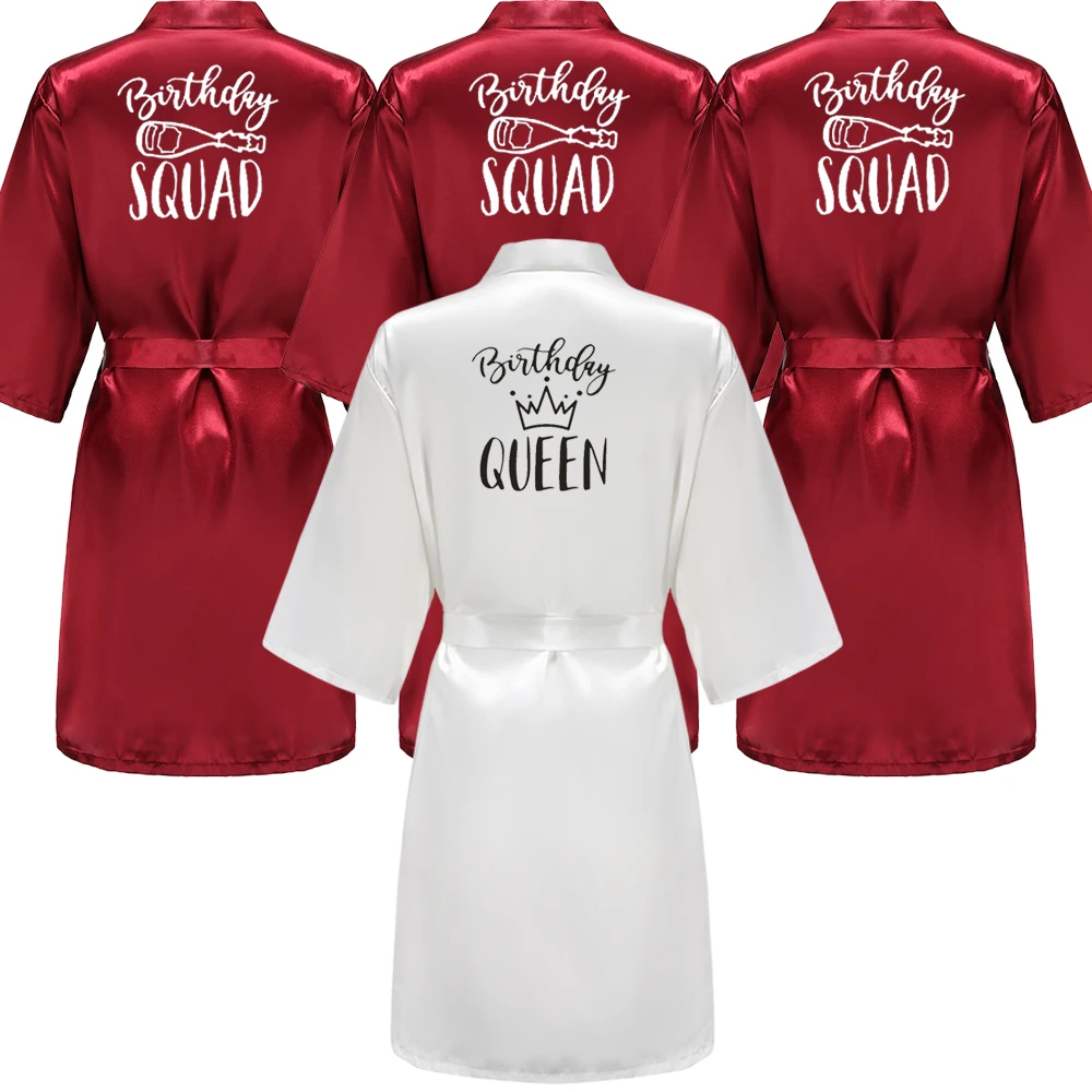 

Birthday Squad Queen Kimono Robe Bathrobe Women Faux Silk Sexy Nightwear Satin Ladies Dressing Gowns Plus Size