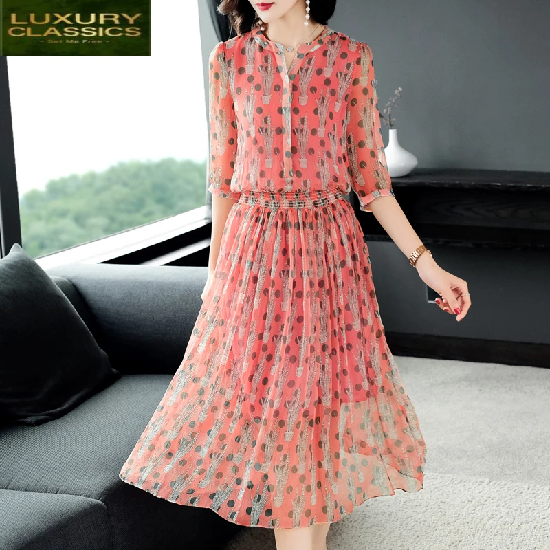 

Women Dress Elegant Summer 100% Real Silk Vestidos Korean Ladies Black Boho Polka Dot Dress Evening Party Dresses 19ZS376