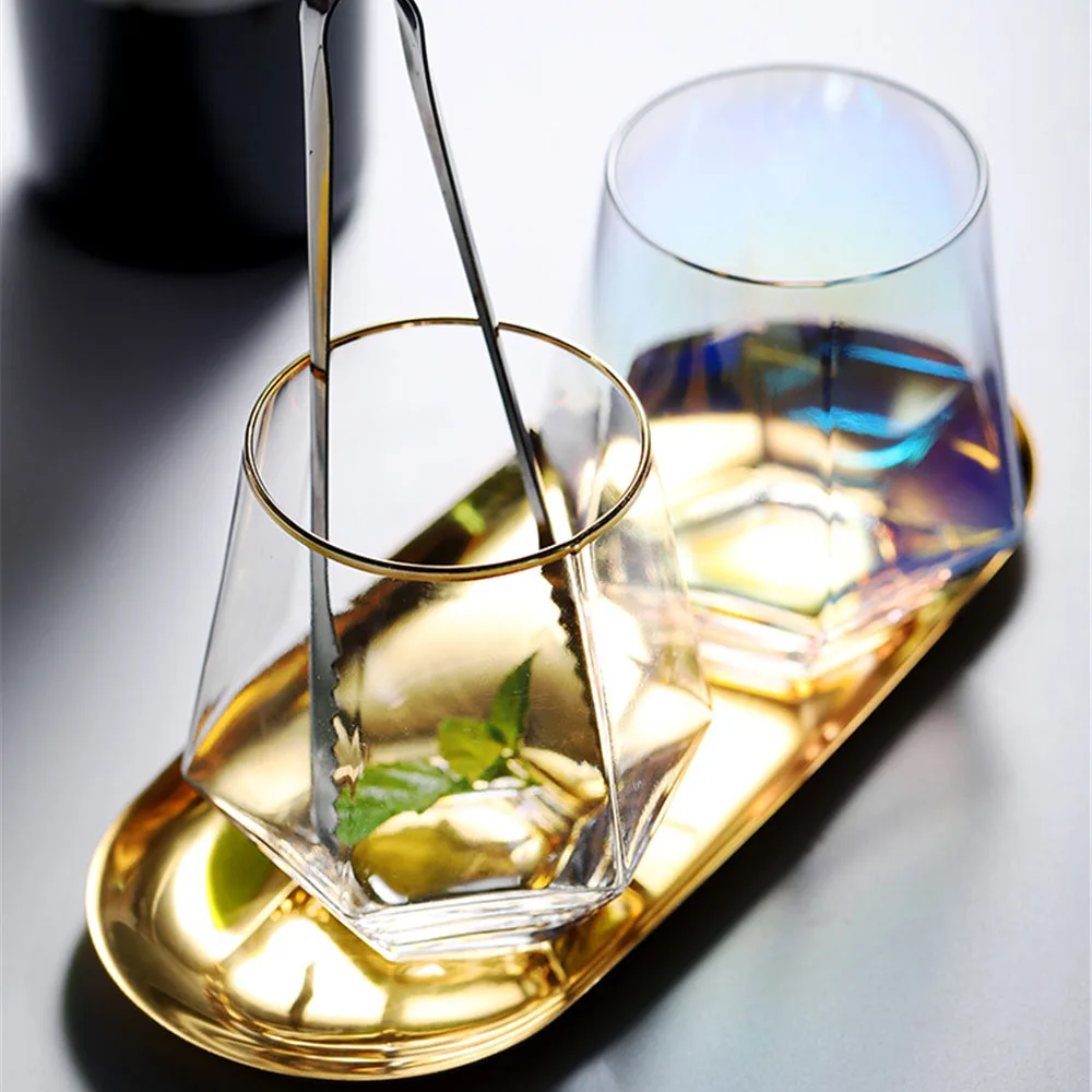 Geometry Whiskey Glass Diamond Crystal Glass Cup Golden Rim Transparent Coffee Milk Tea Mug Home Bar Drinkware Couple Gifts