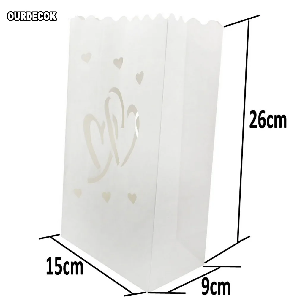 50 Pcs 25cm White Paper Lantern Candle Bag For LED light Lampion Heart For Romantic Birthday Party Wedding Event BBQ Decoration