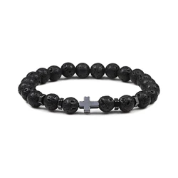 Dropshipping Hot Men Natural Lava Stone Bead Bracelets Hematite Cross Rosary Meditation Prayer Jesus Bracelet Women Yoga Jewelry