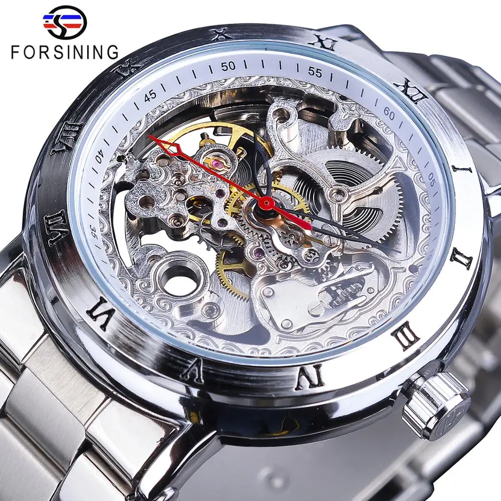 

Forsining Transparent Skeleton Dial Automatic Watch Roman Numerals Silver Stainless Steel Men Waterproof Sport Mechanical Watch