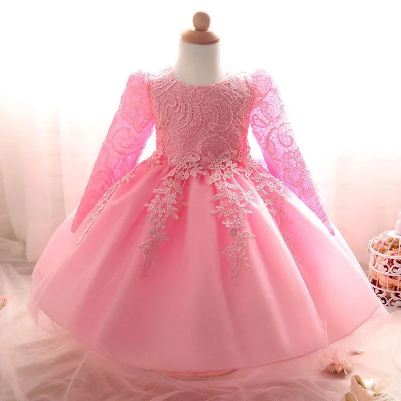 Baby Girl Princess Lace Dress Bow Long Sleeve Child Vintage Vestido Floral Lace Party Pageant Birthday Xmas Baby Clothes 1-14Y