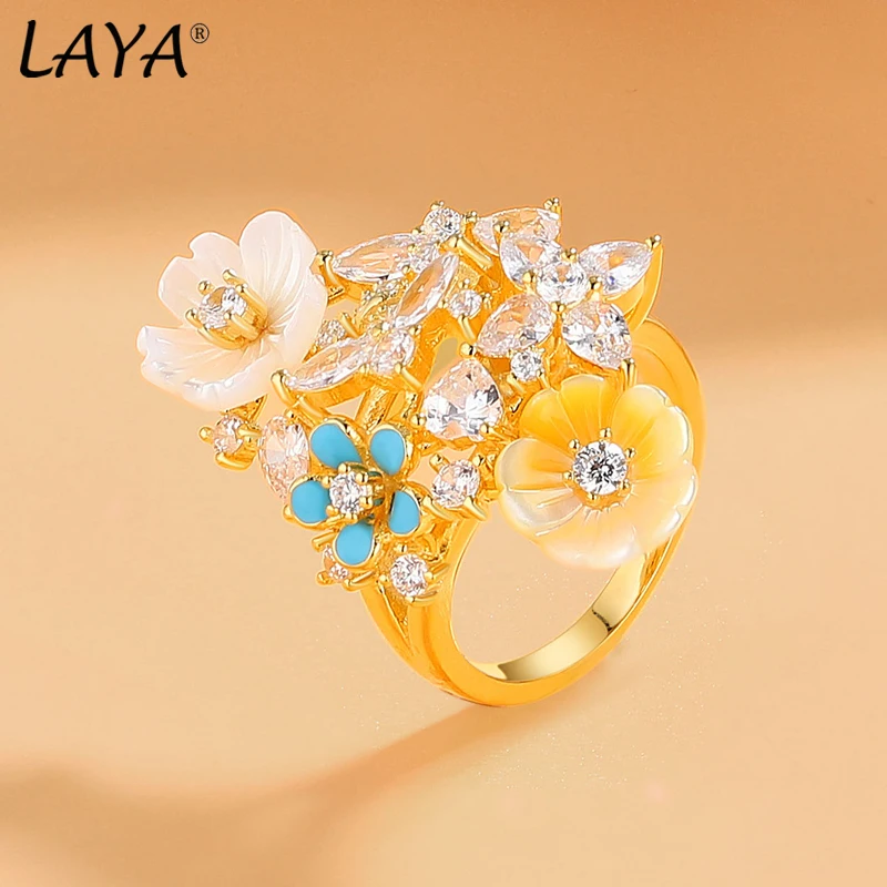 Laya High Quality Zircon Natural Shell Flower Ring For Women 925 Sterling Silver Luxury Original Modern Jewelry 2022 Trend