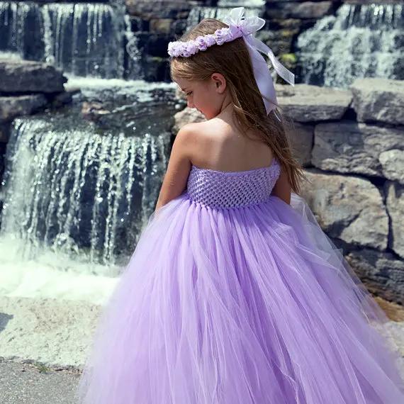 Cute Girls Purple Flower Tutu Dress Kids Single Strap Tulle Dress Ball Gown with Hairbow Children Wedding Party Costume Dresses