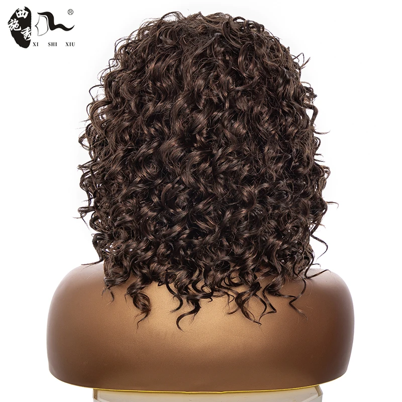 Short Brown Kinky Curly Synthetic Natural Wave Wig With Bangs For Black Women Cosplay Lolita Natural Glueless Wigs XISHIXIU HAIR