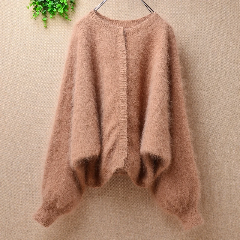 

ladies women fashion hairy mink cashmere knitted long batwing sleeve loose short cropped cardigan angora fru jacket coat sweater