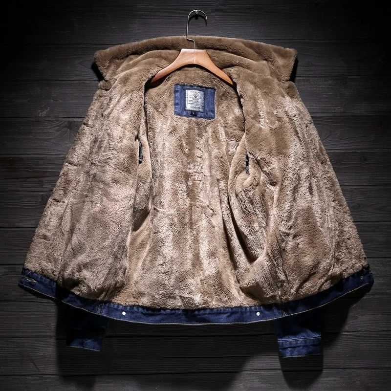 Warm Winter Mens Fur Lining Denim Jacket Casual Cowboy Outwear Coat Slim Fit Jeans Jacket Streetwear Plus Size 5XL Male Jackets
