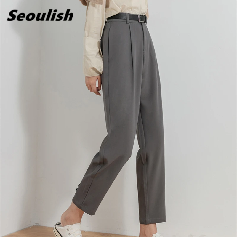 

Seoulish 2021 New Minimalism Formal Women's Harem Pants with Belt Button High Waist Office Lady Ankle-Length Chic Trouses Pocket