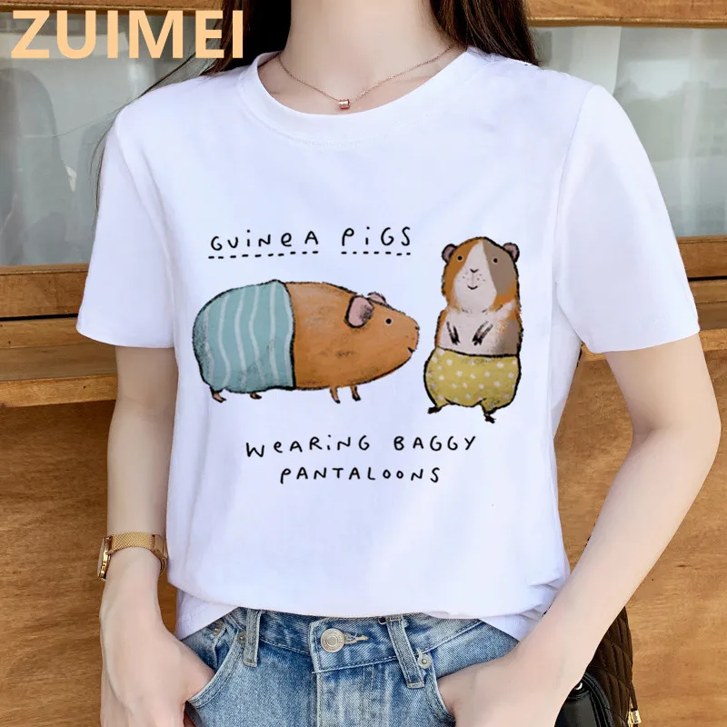 女の子と女性のための半袖Tシャツ,トップス,カジュアルでユーモラスなギニアピッグプリント,ベーシックなラウンドネック,直送