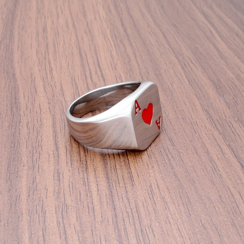 Punk Ace of Hearts Playing Cards Ring 316L Stainless Steel Men\'s Fashion Letter Red Color Epoxy A Rings Jewelry