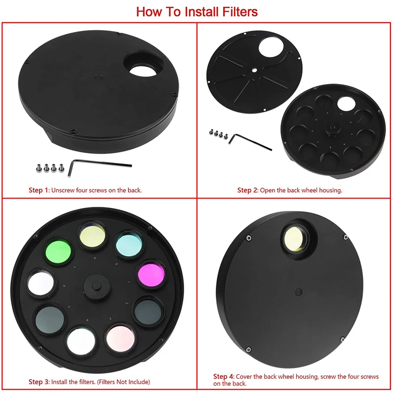 StarDikor 1.25 Inch/2 Inch Multiple Eyepiece Filter Wheel Full Metal For Astronomical Telescope Observations With Locking Ring