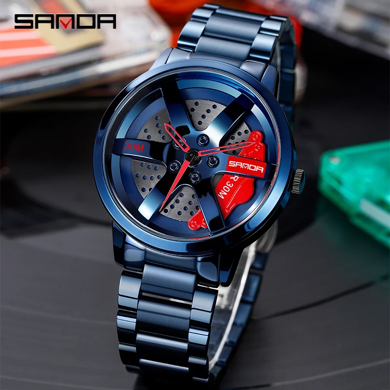 Montre-bracelet SANDA pour hommes, montre-bracelet, roue, horloge, Sport, voiture, créative, rotation à 360 °, Reloj de hombre