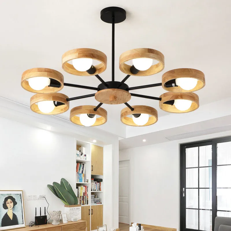 Scandinavian wooden chandelier 360 degree rotation E27 round chandelier creative home black white flush mount light