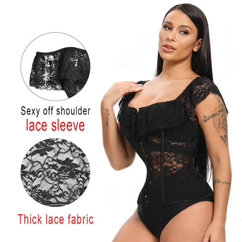 Steampunk Corset Tops Bustiers Sexy Lingerie Erotic Corselet Transparent Off The Shoudler Lace Sleeve Woman Gothic Clothing