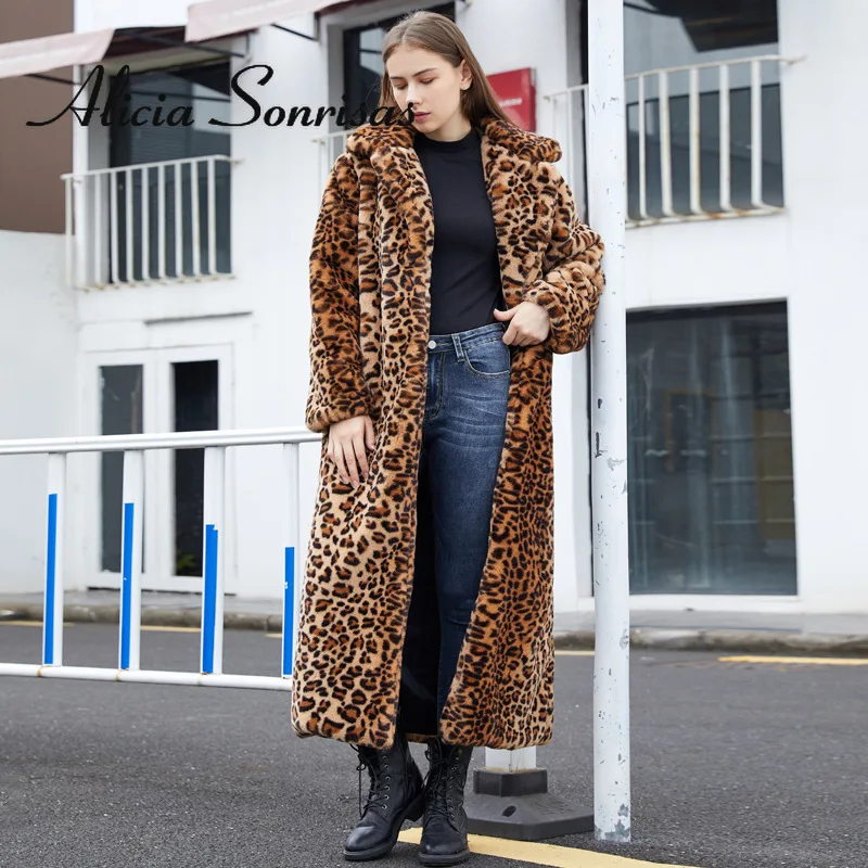 2022 Winter Women\'s Faux Fur Leopard Print Rabbit Tailored Collar Warm Thick X-Long Coat Long Sleeve Hipster Jacket Feminino