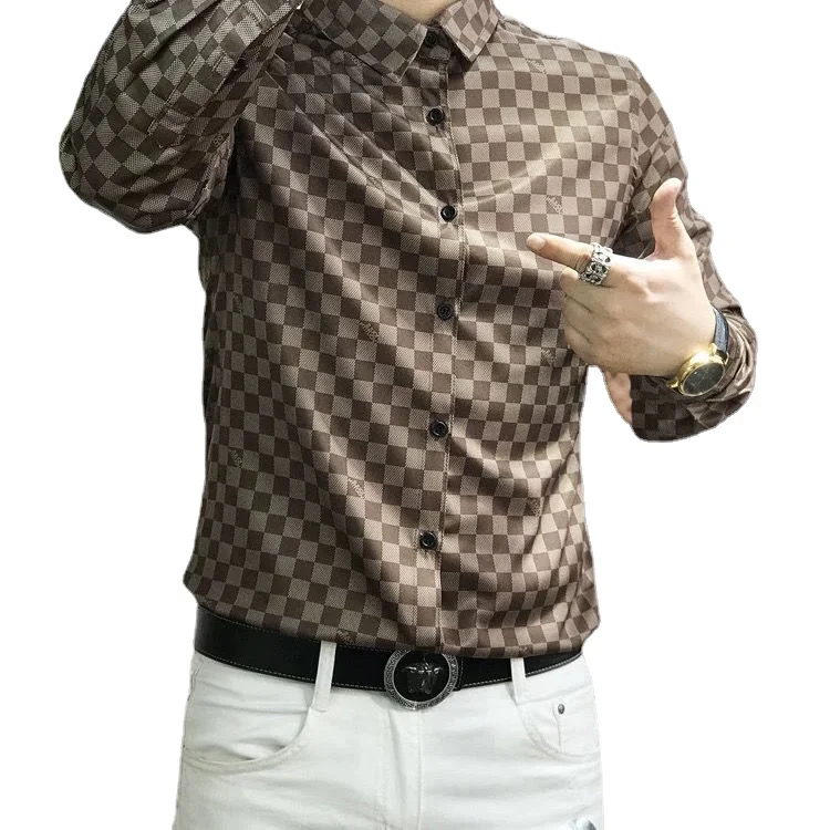 Long-sleeved shirt, light luxury, autumn plus size printing, trendy, handsome casual men's plaid shirt, bottoming shirt