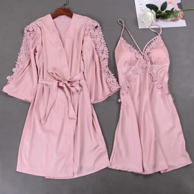 White Lace Bride Bridesmaid Wedding Robe Women Hollow Sexy Nightgown 2pcs Sleepwear Spring Summer Silky Satin Home Dressing Gown