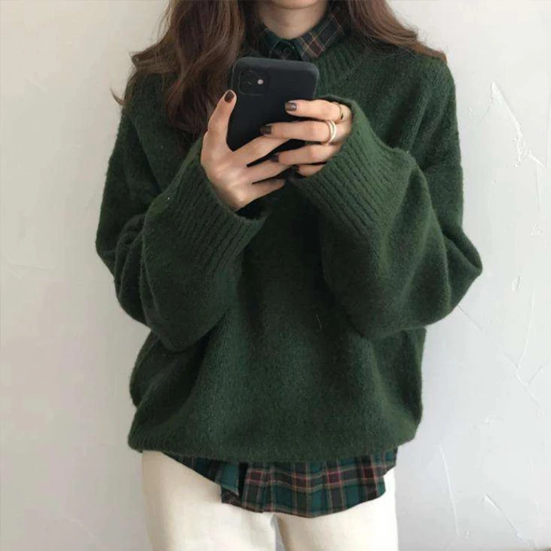 Winter Loose Green Jumpers Solid Long Sleeved Warm Knitted Pullover Sweater Women Casual O Neck Sweater Autumn