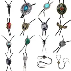 Bola Bolo Tie Necklace Mens PU Leather Black Gem Stone Western Cowboy Rodeo